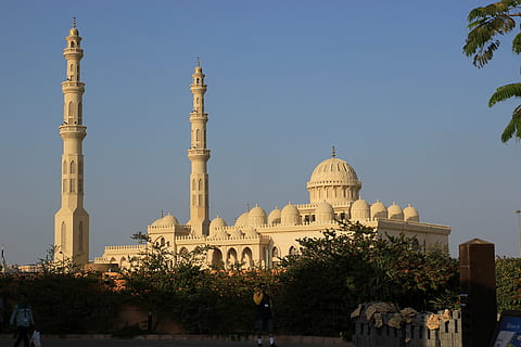 mesquita, hurghada, Egipte, arquitectura, cel, exterior de l'edifici, arbre, cúpula, planta, lloc de culte, estructura construïda, viatjar, naturalesa, religió, destinacions de viatge, història, el passat, ciutat, cel clar, a l'aire lliure, turisme, cap gent, columna arquitectònica, 5K, CC0, domini públic, lliure de regalies