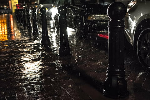 vehicles, beside, street, nighttime, time, lapse, photo, railings, raining, nightime, still, items, things, sidewalk, pavement, posts, traffic, cars, rain, downpour, wet, water, reflection, city, metro, streets, urban, downtown, no people, close-up, indoors, day, rainy season, night, transportation, illuminated, monsoon, land vehicle, mode of transportation, architecture, drop, motor vehicle, nature, raindrop, wheel, 4K, CC0, public domain, royalty free