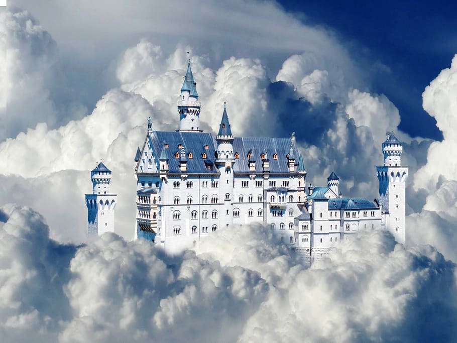 blanc, blau, castell, envoltat, núvols, cel, núvol, Cúmulus, cloudformation, núvols de cúmuls, castells de núvols, castell dels somnis, kristin, temps antics, arquitectura, vista, somni, muntanya del núvol, fantasia, pastís al cel, contes de fades, màgia, viatjar, volar, princesa, palau, núvols del palau, ficció, bonic, Conte de fades, somnis, anhel, esperança, imaginació, flotar, fata morgana, miratge, alt, art digital, manipulació fotogràfica, edició d'imatges, impossible, engany òptic, il·lusió, sol·licitar imatge, història, torres, núvol - cel, naturalesa, transport, exterior de l'edifici, cloudscape, manera de transport, estructura construïda, medi ambient, religió, cap gent, a l'aire lliure, vaixell nàutic, edifici, ciutat, negoci global, Finances, compost digital, 4K