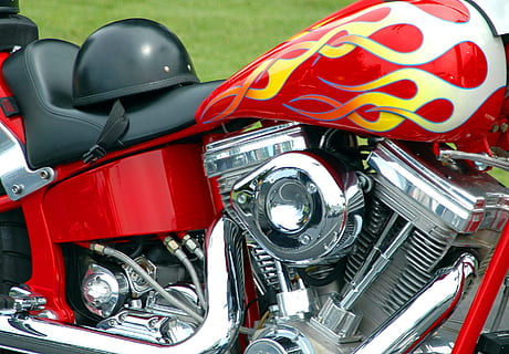 Motorcycle, Engine, Chopper, Biker, motorcycle, engine, motor, motorbike, transportation, machine, exhaust, cylinder, parts, vehicle, close up, cycle, shiny, clean, pin stripe, metal, steel, iron, technology, speed, retro, metallic, cycling, gearshift, drive, nobody, land vehicle, car, mode of transport, red, motorsport, mode of transportation, close-up, headlight, day, no people, stationary, headwear, retro styled, motor vehicle, helmet, outdoors, chrome, crash helmet, silver colored, 2K, CC0, public domain, royalty free
