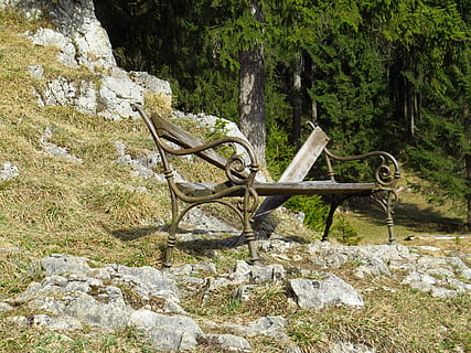 foresta, banca, panchina, vecchio, nostalgia, foresta, banca, natura, giardino, nessuno, giorno, all'aperto, albero, solido, pianta, roccia, roccia - oggetto, la tranquillità, terra, bellezza nella natura, legno - materiale, scena tranquilla, scena non urbana, crescita, scenics - natura, ambiente, paesaggio, 4K, CC0, dominio pubblico, privo di copyright