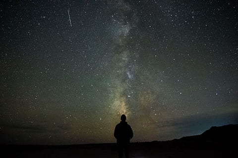man, top, mountain, person, standing, looking, stars, galaxy, space, astronomy, sky, dark, night, nature, landscape, shadow, silhouette, people, real people, star - space, two people, rear view, outdoors, men, beauty in nature, scenics - nature, milky way, star field, star, one person, tranquility, tranquil scene, infinity, constellation, leisure activity, space and astronomy, 720P, CC0, public domain, royalty free