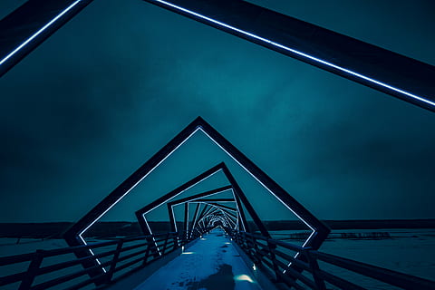 black, bridge, surrounded, body, water, pathway, leading, blue, sky, rail, architecture, structures, bridges, modern, art, paths, walkways, lines, patterns, light, perspective, nature, coast, beach, shore, sand, horizon, railing, staircase, steps, steps and staircases, no people, night, girder, indoors, spiral staircase, built structure, metal, low angle view, connection, bridge - man made structure, transportation, illuminated, cloud - sky, the way forward, direction, diminishing perspective, outdoors, footbridge, steel, alloy, 5K