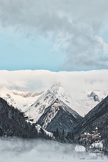 aerial, view photography, mountains, cloudy, sky, gray, mountain, filled, snow, daytime, cloud, peak, summit, winter, cold temperature, cloud - sky, beauty in nature, scenics - nature, tranquil scene, tranquility, snowcapped mountain, no people, landscape, nature, environment, non-urban scene, mountain range, day, idyllic, range, mountain peak, 5K, CC0, public domain, royalty free