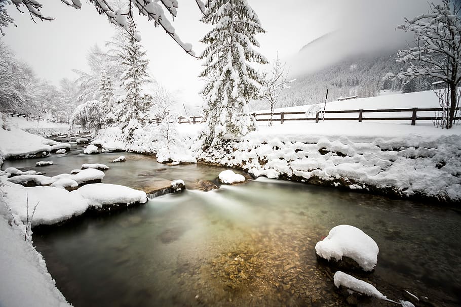 frigjort fred, snø, dekket, gress, ved siden av, vannstrøm, elv, strøm, fjell, tre, kaldtemperatur, vinter, vann, frossen, skjønnhet i naturen, naturskjønnhet - natur, ro, natur, rolig scene, ingen folk, anlegg, dag, hvit farge, is, innsjø, utendørs, rennende vann, kald, snødekte fjell, 5K