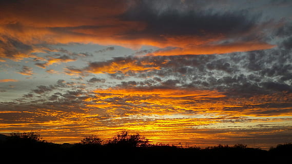 solnedgang, skyer, himmel, landskab, natur, himmel, landskab, orange, himlen skyer, solnedgang himmel, horisont, orange farve, silhuet, scenics, dramatisk himmel, sky - himmel, scenics - natur, skønhed i naturen, ro, rolig scene, træ, plante, ingen mennesker, idyllisk, miljø, majestætisk, ærefrygt, udendørs, mørk, 2K, CC0, offentligt domæne, royaltyfrie