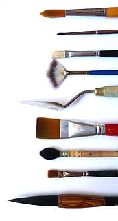 Set de perie pentru pictură, pensula de pictură, a stabilit, tip, artă, pictură, studio shot, fundal alb, în interior, nici o persoana, paletă, a închide, natură moartă, perie, pensulă, grup de obiecte, masa, variație, alegere, aranjament, artă și sculptură, echipament, publicare, grup mare de obiecte, consecutiv, vedere în unghi mare, artă și artizanat, 2K, CC0, domeniu public, fără drepturi de autor
