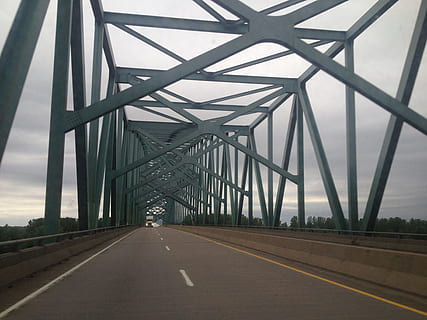 bridge, crossing, landscape, transportation, the way forward, road, direction, connection, built structure, architecture, bridge - man made structure, diminishing perspective, sky, marking, symbol, no people, road marking, sign, nature, day, metal, outdoors, long, dividing line, car point of view, 2K, CC0, public domain, royalty free