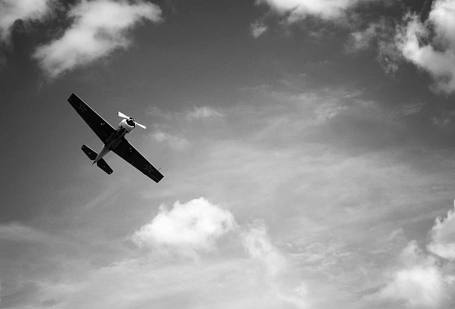 fotografia in scala di grigi, biplano, impennata, aereo, volante, cielo, nuvole, viaggio, mezzi di trasporto, bianco e nero, veicolo aereo, nuvola - cielo, modo di trasporto, Inquadratura dal basso, natura, movimento, in movimento, nessuno, mezz'aria, giorno, all'aperto, aereo commerciale, Cloudscape, industria aerospaziale, aereo privato, 1080P