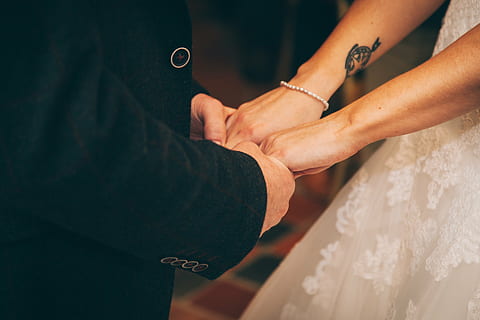 bride, groom, holding, hand, together, closeup, photography, close, photo, couple, people, holding hands, bracelet, suit, gown, wedding, dress, love, male, female, tattoo, adults only, midsection, adult, indoors, young adult, only women, close-up, human body part, human hand, two people, togetherness, women, celebration, bonding, newlywed, event, men, couple - relationship, positive emotion, emotion, finger, 5K