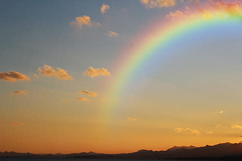 rainbow, blue, sky, photo, nimbus, clouds, background, sunset, cloud, silhouette, mountain, landscape, nature, outdoor, scenics, beauty in nature, idyllic, double rainbow, multi colored, tranquil scene, scenics - nature, cloud - sky, tranquility, orange color, environment, no people, non-urban scene, sun, natural phenomenon, outdoors, 5K