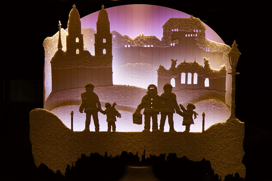windowing, advent, winter time, contours, figures, architecture, history, night, the past, built structure, building exterior, illuminated, art and craft, travel destinations, nature, representation, building, human representation, celebration, outdoors, silhouette, people, travel, tourism, old, 5K