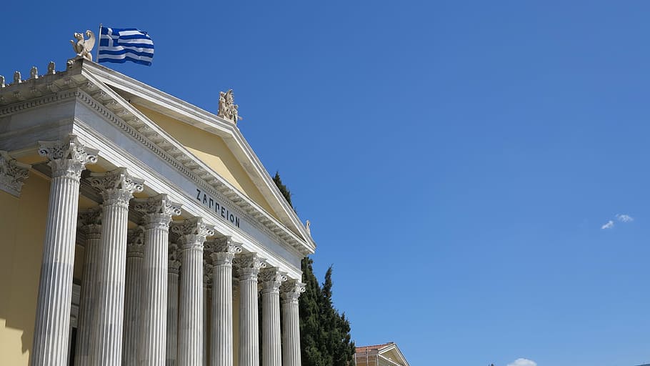 acròpoli, temple, cel, arquitectura, exterior de l'edifici, estructura construïda, columna arquitectònica, blau, cap gent, vista d’angle baix, cel clar, naturalesa, destinacions de viatge, dia, història, govern, el passat, viatjar, còpia espai, ciutat, edifici, a l'aire lliure, columnata, estil clàssic, 4K