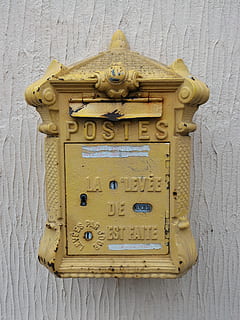 Courier, Post, Mailbox, courier, post, old-fashioned, antique, retro styled, correspondence, yellow, no people, wall - building feature, communication, close-up, mail, day, architecture, old, technology, metal, text, connection, letter, public mailbox, gold colored, 4K, CC0, public domain, royalty free
