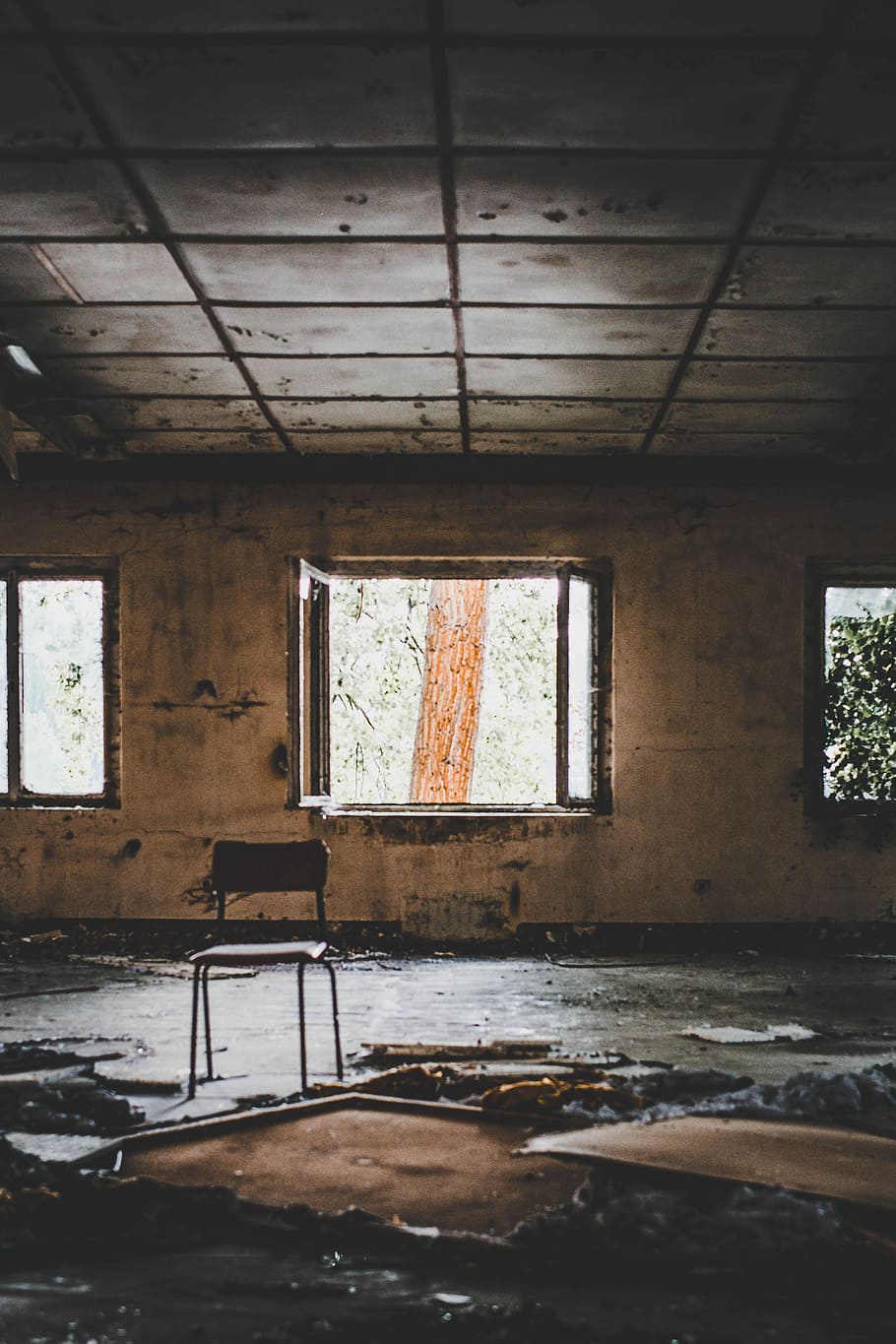 marró, cadira, abandonat, casa, obert, finestra, edifici, habitació, urbex, explorar, decaïment, buit, sostre, pis, solitud, horror, explorant, a l'interior, cap gent, dia, seient, arquitectura, absència, obsoleta, vell, aixafar, espatllat, resistent, declivi, habitació domèstica, estructura construïda, deteriorament, sòls, arruïnat, 4K
