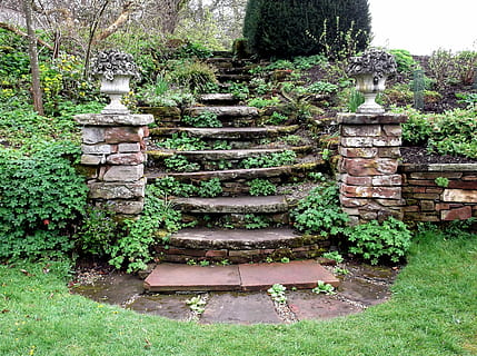 brun, betong, trapp, grønn, blader, trinn, stein, formell, hage, søyler, gress, utendørs, landskap, planter, grønt, anlegg, vekst, dag, tre, arkitektur, ingen folk, grønn farge, natur, bygget struktur, fast, gammel, forlatt, steinmateriale, stable, ro, potteplante, foran eller bakgård, 4K, CC0, offentlig domene, opphavsrett gratis