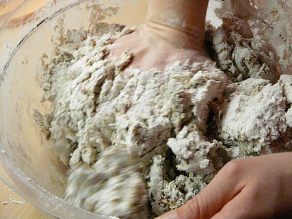 movement, bake, dough, knead, flour, bowl, ingredients, hand, bread, work, profession, craft, baker, human hand, human body part, one person, body part, food and drink, unrecognizable person, food, holding, real people, lifestyles, finger, indoors, human finger, close-up, mixing, preparation, personal perspective, preparing food, 2K, CC0, public domain, royalty free