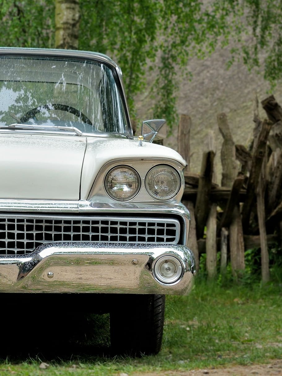 oldtimer, auto, klasický, starý, automobilového průmyslu, vozidlo, staré auto, veteránem automobil, retro, rarita, stará auta, historicky, mřížka, pozornosti, společníky, crom, nostalgický, nostalgie, antický, kov, bílý, stříbrný, list, způsob dopravy, pozemního vozidla, motorové vozidlo, retro stylu, rostlina, strom, přeprava, den, Historické auto, světlomet, přistát, Příroda, pole, nikdo, venku, stacionární, zaměřit se na popředí, stříbrné barvy, 1080P