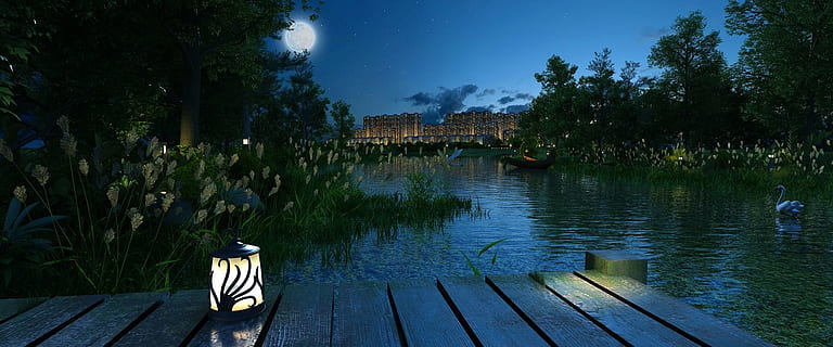 Gebäude, Animation, Single, Rahmen, ein einzelner Frame, Reflexion, Wasser, draußen, Baum, keine Leute, See, Pflanze, Nacht-, Natur, Himmel, Ruhe, die Architektur, Holz - Material, ruhige Szene, gebaute Struktur, Szenen - Natur, Gebäudehülle, Laterne, wolke - himmel, 1080P, CC0, gemeinfrei, lizenzfrei
