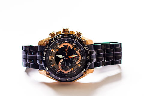 round, black, gold-colored chronograph, watch, link bracelet, time, clock, chronometer, schedule, appointment, luxury, accessories, wristwatch, minute Hand, isolated, wrist, white background, studio shot, close-up, indoors, accuracy, metal, no people, still life, number, copy space, single object, cut out, instrument of time, wealth, pattern, technology, silver colored, personal accessory, 2K, CC0, public domain, royalty free