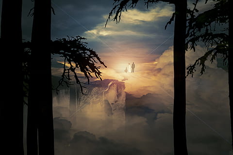 foto di silhouette, Due, persona, a piedi, d'oro, ora, fantasmi, nuvole, mistico, umore, cielo, sognare, psichico, illuminazione, al di là, natura, tramonto, albero, buio, nuvola - cielo, silhouette, Paesaggi, crepuscolo, paesaggio, all'aperto, Cloudscape, bellezza nella natura, pianta, sole, scenics - natura, scena tranquilla, la tranquillità, nessuno, montagna, idilliaco, luce del sole, colore arancione, scena non urbana, 4K, CC0, dominio pubblico, privo di copyright
