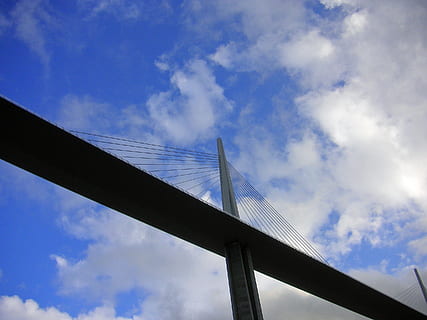 millau bridge, span, bridge, engineering, construction, steel, beautiful, technical, sky, clouds, spanning, tourist attraction, cloud - sky, low angle view, built structure, bridge - man made structure, architecture, connection, nature, cable-stayed bridge, transportation, day, outdoors, blue, suspension bridge, metal, silhouette, travel, long, 2K, CC0, public domain, royalty free