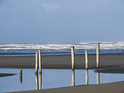 playa, pilotaje, Oceano, costa, tranquilo, mar, cielo, agua, belleza en la naturaleza, paisajes - naturaleza, tierra, naturaleza, tranquilidad, día, escena tranquila, horizonte, nadie, horizonte sobre el agua, al aire libre, arena, idílico, reflexión, escena no urbana, enviar, poste de madera, 5K, CC0, dominio público, libre de derechos