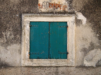 window, shutter, old window, old, facade, wall, closed, wood, door, entrance, architecture, built structure, building exterior, building, house, safety, no people, protection, security, wall - building feature, weathered, day, wood - material, outdoors, metal, deterioration, turquoise colored, 2K, CC0, public domain, royalty free