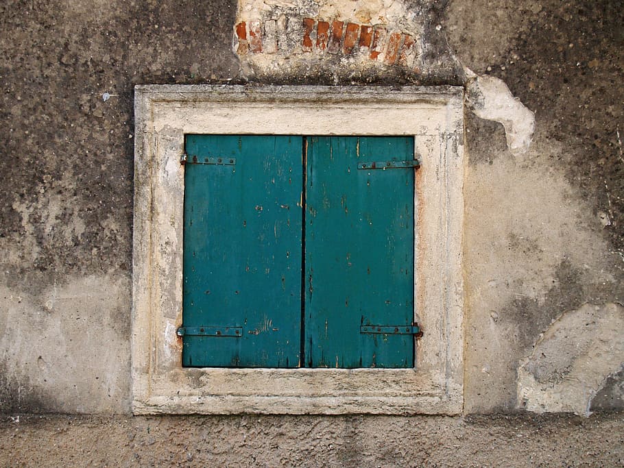 window, shutter, old window, old, facade, wall, closed, wood, door, entrance, architecture, built structure, building exterior, building, house, safety, no people, protection, security, wall - building feature, weathered, day, wood - material, outdoors, metal, deterioration, turquoise colored, 2K