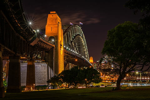 fotografia de passarel·les concretes, pont, arbres, edificis de la ciutat, nit, edifici, arquitectura, estructura, ciutat, estructura construïda, il·luminat, exterior de l'edifici, destinacions de viatge, pont - estructura feta per l'home, arbre, connexió, planta, cel, cap gent, naturalesa, viatjar, turisme, aigua, a l'aire lliure, exterior d’edifici d’oficines, gratacels, 4K, CC0, domini públic, lliure de regalies