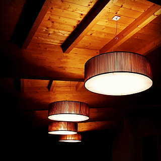 lighting, lamp, light, lighting equipment, illuminated, indoors, electric lamp, low angle view, pendant light, ceiling, hanging, electricity, no people, glowing, electric light, light - natural phenomenon, wood - material, home interior, light bulb, built structure, architecture, lamp shade, dark, light fixture, roof beam, 1080P, CC0, public domain, royalty free