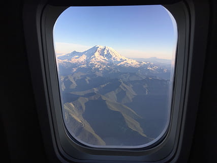 Plane, Window, View, Mountain, Snow, landscape, airplane, vehicle interior, transportation, flying, travel, air vehicle, sky, mode of transportation, transparent, environment, beauty in nature, glass - material, winter, nature, scenics - nature, mountain range, outdoors, snowcapped mountain, 2K, CC0, public domain, royalty free