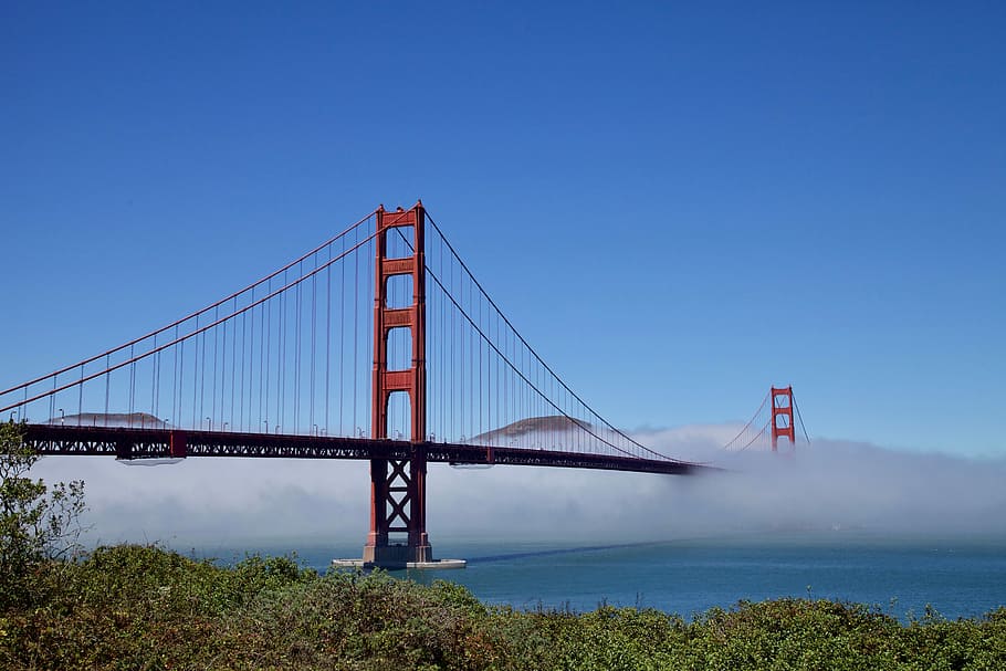 Golden Gate tåge, gylden, gate bro, san francisco, bro, struktur, blå, himmel, Sky, vand, arkitektur, bro - menneskeskabt struktur, transportmidler, hængebro, rejsemål, bygget struktur, forbindelse, rejse, Bugt, natur, bugt vand, skyfri himmel, hav, ingen mennesker, turisme, udendørs, 5K