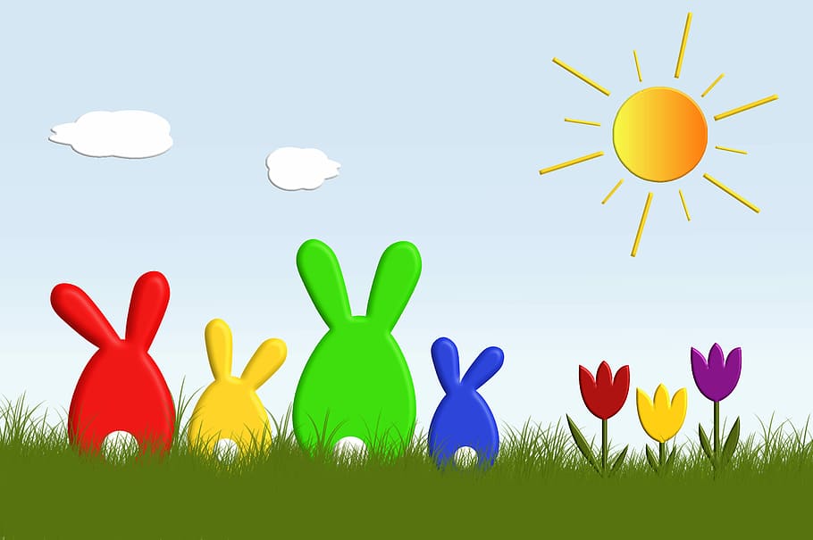 vermell, groc, verd, blau, pintura de conills, llebre, conill de Pasqua, Pasqua, divertit, colorit, sol, tulipes, planta, muntatge fotogràfic, composició, fantasia, color, brillant, herba, cel, naturalesa, flor, planta amb flors, color vibrant, animal, temes d'animals, color verd, camp, conill - animal, multicolor, primavera, bellesa a la natura, núvol - cel, cap gent, a l'aire lliure, 5K