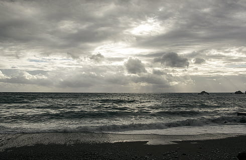 sea under clouds, cloudy, beach, waves, silver, ocean, sea, water, blue, coast, nature, clouds, landscape, scenic, seascape, island, natural, sky, storm, rock, mountain, sand, reflection, scenery, north, winter, travel, nordic, horizon, cloud - sky, horizon over water, land, beauty in nature, scenics - nature, wave, tranquility, motion, tranquil scene, no people, outdoors, idyllic, day, 5K, CC0, public domain, royalty free