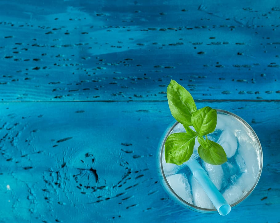 gin, tonikum, modrý, Pozadí, nápojová sklenice, naplněné, voda, zelená, listy, horní, stůl, flatlay, napít se, sklenka, led, list, jídlo a pití, rostlinné části, jídlo, Příroda, občerstvení, svěžest, vybavení domácností, bylina, nikdo, ovoce, studená teplota, koktejl, plátek, venku, lístek máty - kulinářské, modré pozadí, plovoucí na vodě, plavecký bazén, 2K