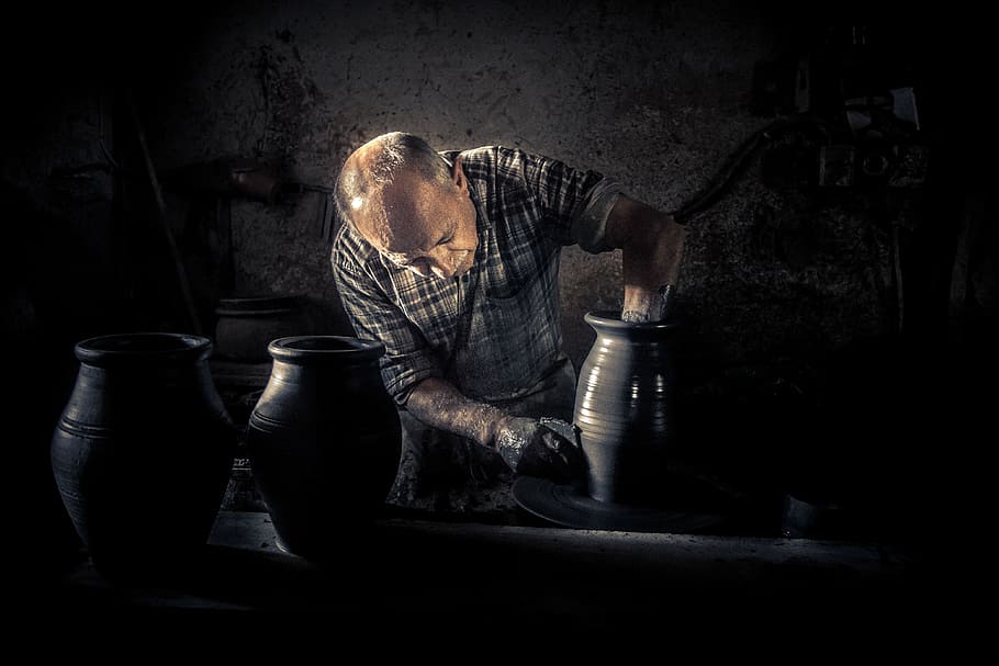 Worker, Sweat, Labor, Pot, master, pottery, potter, clay, craft, dark, people, jug, art, craftsperson, indoors, one man only, mature adult, one mature man only, only men, one person, art and craft, men, container, creativity, occupation, working, real people, adult, workshop, skill, front view, protection, vase, hand, protective workwear, 4K