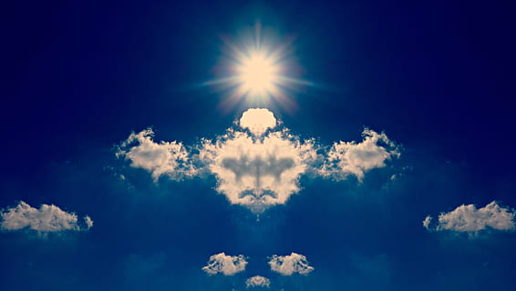nube, sole, rorschach, forma, cielo, fantasia, immaginazione, nuvola - cielo, illuminato, blu, sfondi, all'aperto, natura, bellezza nella natura, raggio di sole, luce del sole, la tranquillità, nessuno, idilliaco, ambiente, scena tranquilla, Cloudscape, scenics - natura, giorno, Paradiso, luce - fenomeno naturale, cielo drammatico, riflesso lente, composito digitale, meteorologia, luminosa, 4K, CC0, dominio pubblico, privo di copyright