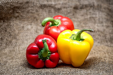 three, red, yellow, bell peppers, bell, pepper, coloured, different, food, vegetable, still, still life, veggie, fresh, peppers, vegetables, assorted, assortment, multicolored, multicoloured, raw, raw vegetables, foodstuff, food and drink, bell pepper, freshness, healthy eating, wellbeing, red bell pepper, yellow bell pepper, close-up, raw food, indoors, no people, green color, spice, green bell pepper, vegetarian food, 5K, CC0, public domain, royalty free