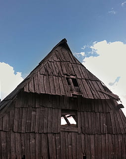 barn, broken, clouds, hut, old, sky, wooden, woods, wood - Material, rural Scene, architecture, built structure, building exterior, low angle view, nature, no people, day, cloud - sky, house, building, outdoors, roof, sunlight, blue, agricultural building, wood, 720P, CC0, public domain, royalty free