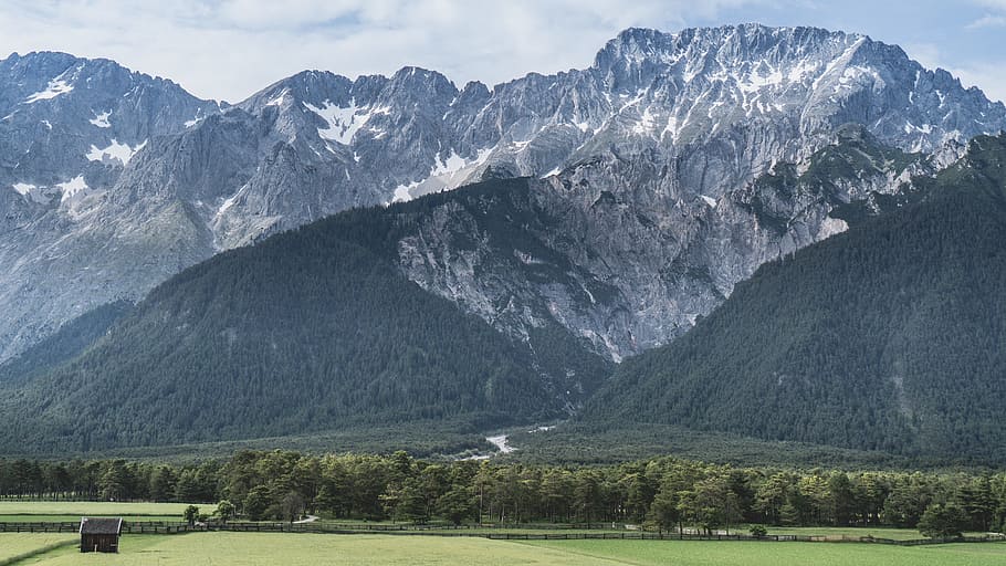 foto, arbre, cobert, muntanya, verd, arbres, camp de gespa, amb vistes, nevat, muntanyes, ennuvolat, cel, herba, camp, muntanyes nevades, bosc, rural, graner, dependència, naturalesa, paisatge, escenics, Serra, a l'aire lliure, Alps europeus, estiu, color verd, prat, cap gent, dia, escenics - natura, bellesa a la natura, medi ambient, planta, terra, neu, temperatura de fred, núvol - cel, escena tranquil·la, escena no urbana, tranquil·litat, cim de muntanya, muntanya nevada, 5K