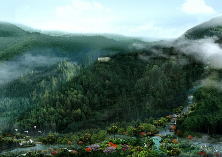 Park, Rendern, Visualisierung, die Architektur, Visualisierung 3d, Architekturvisualisierung, Landschaft, Gebäude, cgi, Berg, Pflanze, Szenen - Natur, Schönheit in der Natur, Baum, Natur, ruhige Szene, Umgebung, Ruhe, Tag, grüne Farbe, High Angle View, Wachstum, Gebirge, Nicht-städtische Szene, Nebel, Land, keine Leute, wolke - himmel, draußen, 4K, CC0, gemeinfrei, lizenzfrei