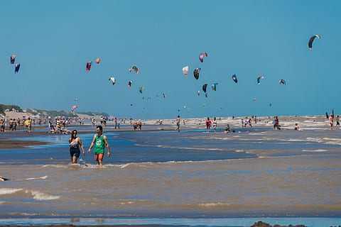 wind, flysurf, kiteboarding, sea, beach, water, sky, land, group of people, large group of people, leisure activity, crowd, vacations, holiday, trip, nature, sport, real people, day, lifestyles, men, horizon over water, outdoors, 4K, CC0, public domain, royalty free
