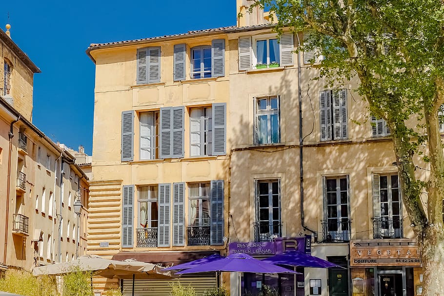 arkitektur, bygning, hus, facade, vindue, farverig, gammel, Aix-en-Provence, provence, Frankrig, Europa, turisme, by, bygning udvendig, bygget struktur, boligområde, ingen mennesker, dag, natur, blå, sollys, udendørs, lav vinkel visning, plante, himmel, solrig, træ, lejlighed, 4K