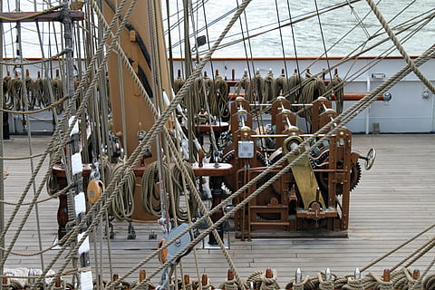 ropes, boat, node, rigging, strings, sailboat, mats, wood, old rig, marin, sea, halyard, former, day, architecture, rope, indoors, built structure, wood - material, incidental people, industry, nautical vessel, nature, water, hanging, metal, transportation, development, pole, fishing industry, 4K, CC0, public domain, royalty free