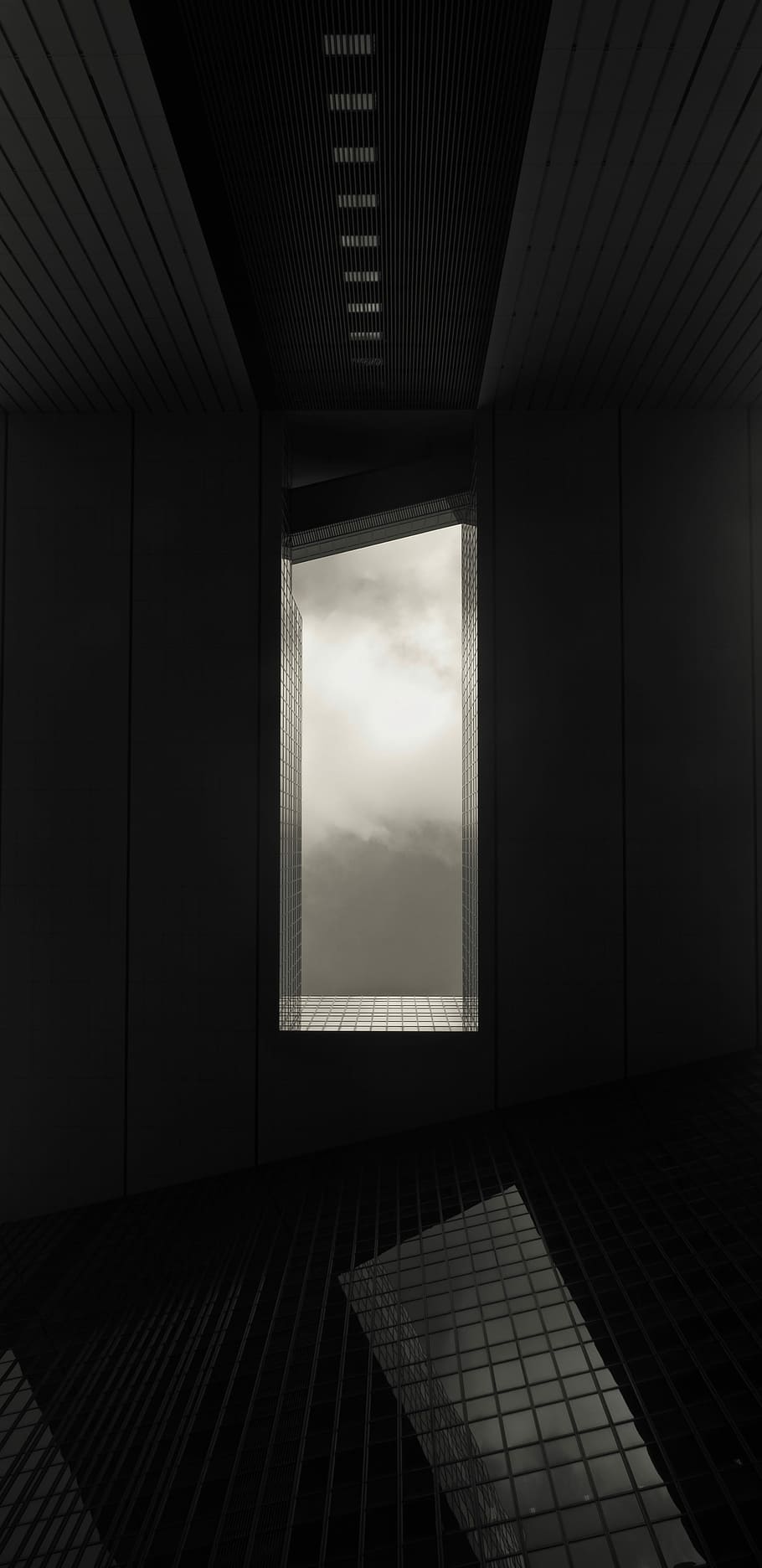 grå betonbygning, åbent vindue, vindue, Sky, bygning, arkitektur, b / w, indendørs, bygget struktur, himmel, ingen mennesker, glas - materiale, sollys, natur, dag, mønster, gennemsigtig, sky - himmel, form, murbygningsfunktion, design, mørk, skygge, loft, direkte under, 5K
