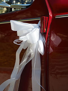 bucle, ornament, decoració, automàtic, cinta de casament, bucle de casament, cotxe, casament, luxe, vehicle terrestre, transport, manera de transport, Color blanc, dia, cap gent, automòbil, reflexió, a l'aire lliure, centrar-se en primer pla, maniquí, llum solar, primer pla, vermell, naturalesa, vista lateral, 4K, CC0, domini públic, lliure de regalies