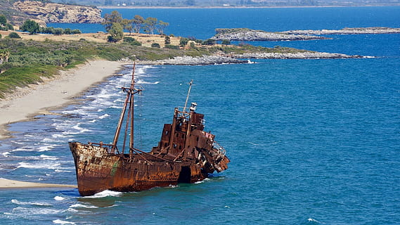 wreck, boat, expired, metal rust, ship wreck, greece, peloponnese, sea, blue sky, summer, beach, water, nautical vessel, transportation, mode of transportation, ship, day, nature, land, shipwreck, abandoned, no people, architecture, blue, outdoors, damaged, sunlight, scenics - nature, deterioration, ruined, 1080P, CC0, public domain, royalty free