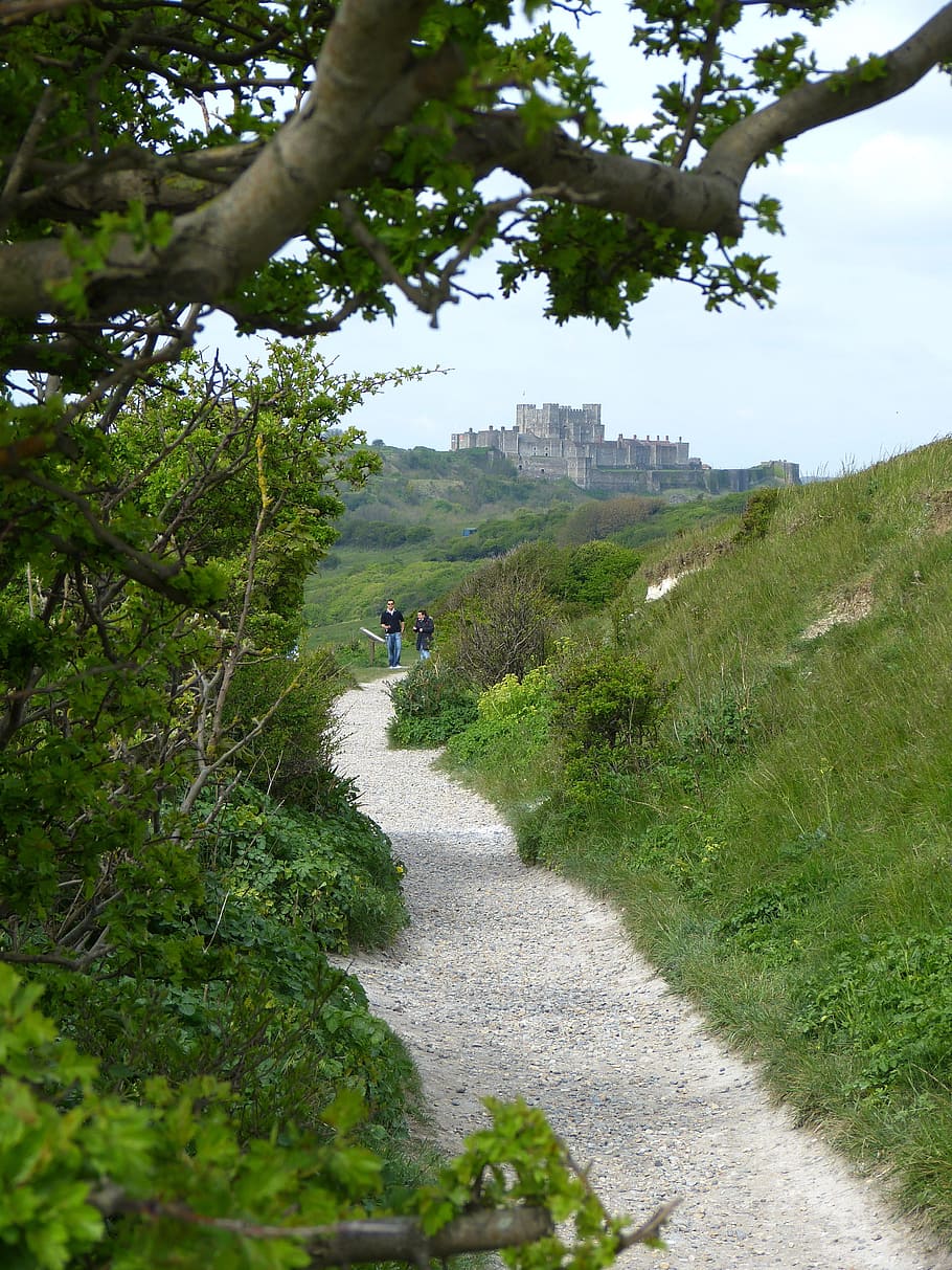 penya-segats blancs, castell dover, Costa, Camí, lluny, camí costaner, Anglaterra, Regne Unit, planta, arbre, naturalesa, dia, transport, color verd, creixement, herba, persones reals, estils de vida, sendera, activitat d'oci, el camí a seguir, carretera, direcció, terra, dues persones, gent, bellesa a la natura, manera de transport, a l'aire lliure, muntar a cavall, 4K