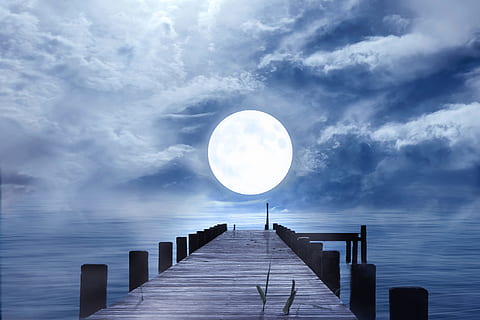 dermaga laut, menghadapi, samudra, penuh, bulan, Selamat malam, bulan purnama, sinar bulan, malam, suasana hati, langit malam, web, jembatan, air, cahaya, suasana, langit, diam, beristirahat, awan, kabut, lebar, alam, romantis, montase foto, menyusun, awan - langit, keindahan di alam, laut, scenics - alam, ketenangan, adegan yang tenang, idilis, dermaga, jalan lurus, bahan kayu, Arsitektur, arah, cakrawala di atas air, di luar rumah, pagar, tidak ada orang, Tiang Kayu, komposit digital, 5K, CC0, domain publik, bebas royalti